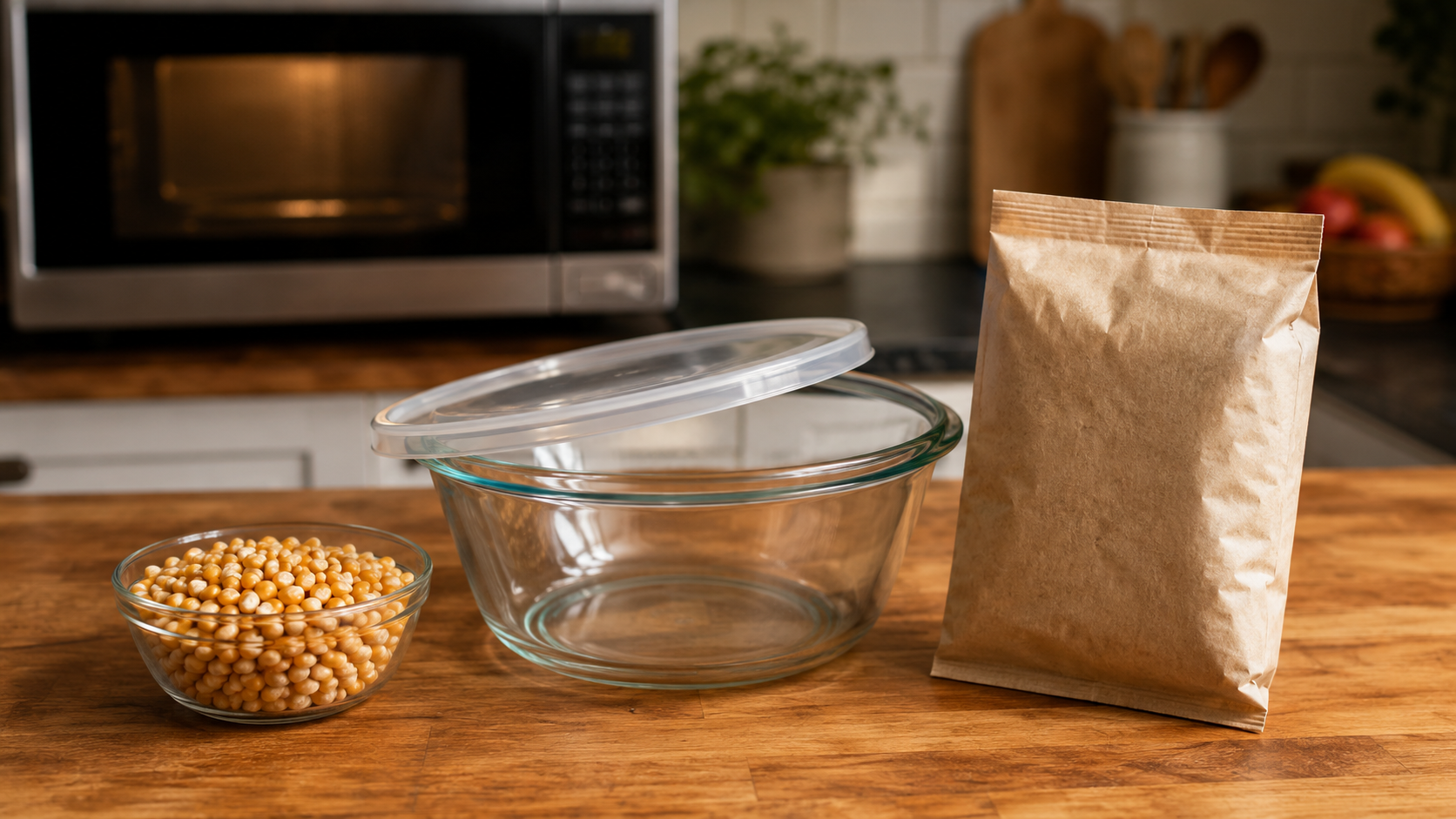 Regular popcorn kernels, a microwave-safe bowl, and a microwave popcorn bag on a kitchen counter.
